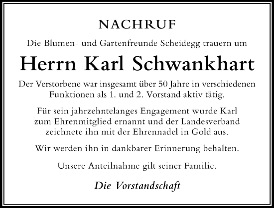 Traueranzeige von Karl Schwankhart von Der Westallgäuer