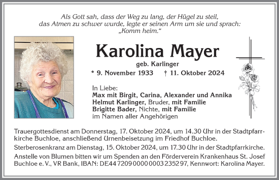 Traueranzeige von Karolina Mayer von Allgäuer Zeitung, Kaufbeuren/Buchloe