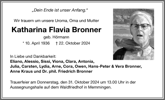 Traueranzeige von Katharina Flavia Bronner von Memminger Zeitung