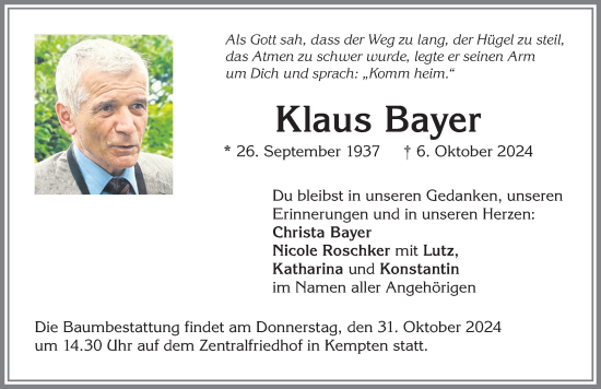 Traueranzeige von Klaus Bayer von Allgäuer Zeitung, Gesamtausgabe