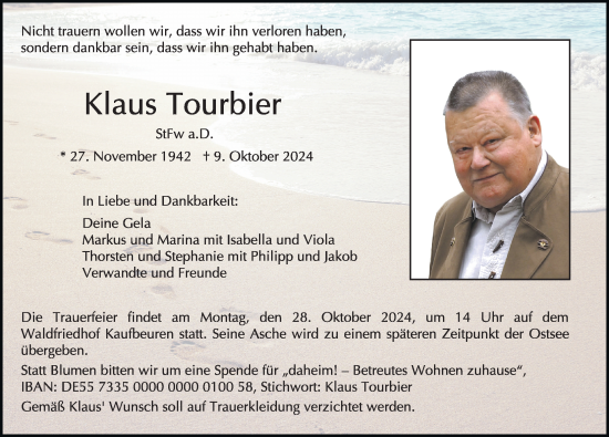 Traueranzeige von Klaus Tourbier von Allgäuer Zeitung, Kaufbeuren/Buchloe