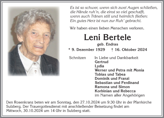 Traueranzeige von Leni Bertele von Allgäuer Zeitung,Kempten