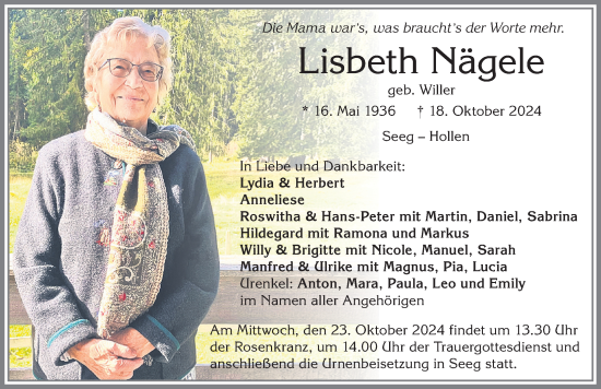 Traueranzeige von Lisbeth Nägele von Allgäuer Zeitung, Füssen