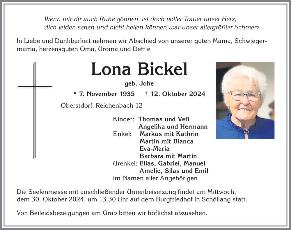  Traueranzeige für Lona Bickel vom 26.10.2024 aus Allgäuer Anzeigeblatt