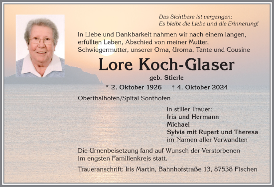Traueranzeige von Lore Koch-Glaser von Allgäuer Anzeigeblatt