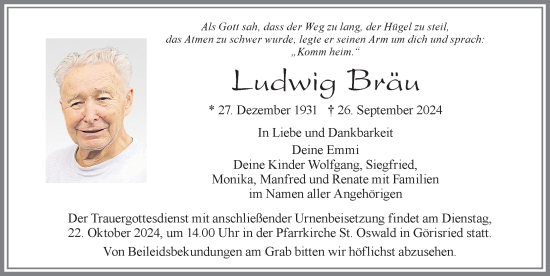 Traueranzeige von Ludwig Bräu von Allgäuer Zeitung, Marktoberdorf