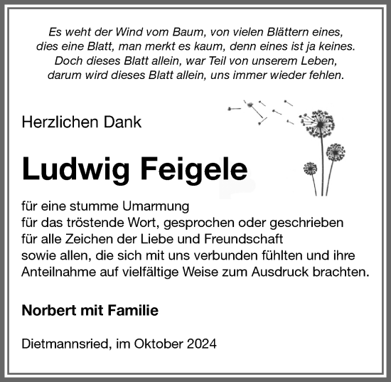 Traueranzeige von Ludwig Feigele von Allgäuer Zeitung,Kempten