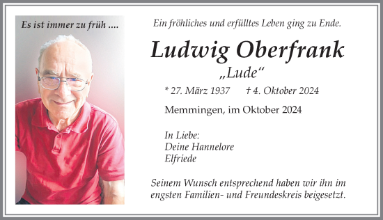 Traueranzeige von Ludwig Oberfrank von Memminger Zeitung
