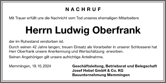 Traueranzeige von Ludwig Oberfrank von Memminger Zeitung