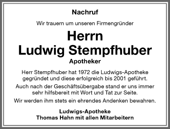 Traueranzeige von Ludwig Stempfhuber von Memminger Zeitung