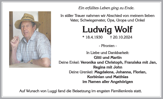 Traueranzeige von Ludwig Wolf von Allgäuer Zeitung, Füssen