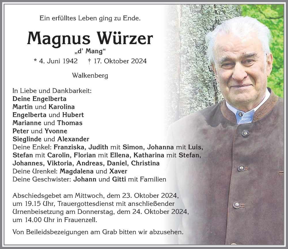  Traueranzeige für Magnus Würzer vom 19.10.2024 aus Allgäuer Zeitung,Kempten