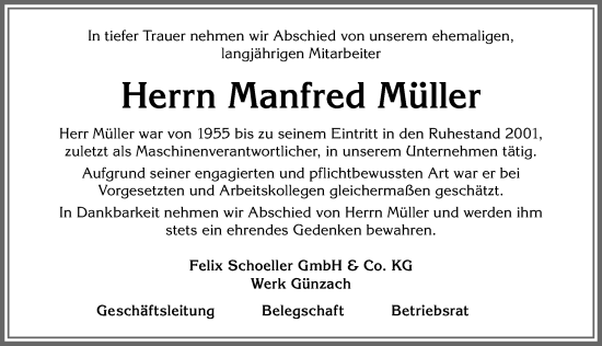 Traueranzeige von Manfred Müller von Allgäuer Zeitung, Marktoberdorf