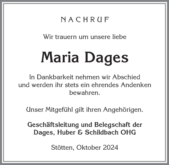 Traueranzeige von Maria Dages von Allgäuer Zeitung, Marktoberdorf