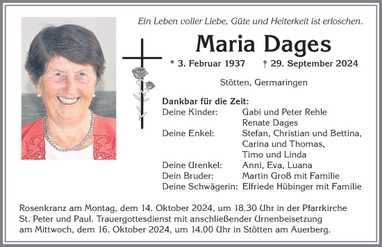 Traueranzeige von Maria Dages von Allgäuer Zeitung, Kaufbeuren/Buchloe