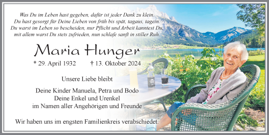 Traueranzeige von Maria Hunger von Allgäuer Zeitung, Füssen