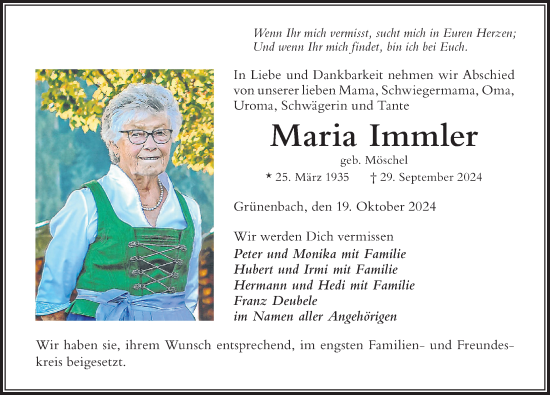 Traueranzeige von Maria Immler von Der Westallgäuer