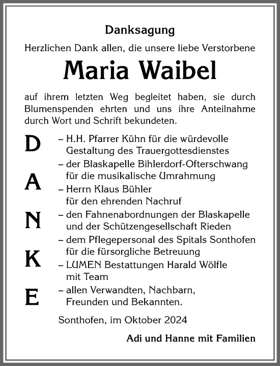 Traueranzeige von Maria Waibel von Allgäuer Anzeigeblatt
