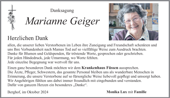 Traueranzeige von Marianne Geiger von Allgäuer Zeitung, Füssen