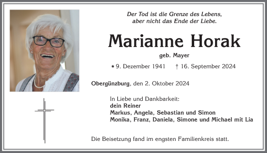 Traueranzeige von Marianne Horak von Allgäuer Zeitung, Marktoberdorf