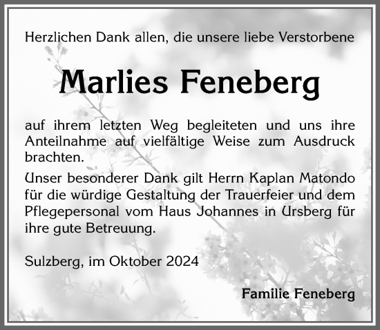 Traueranzeige von Marlies Feneberg von Allgäuer Zeitung,Kempten