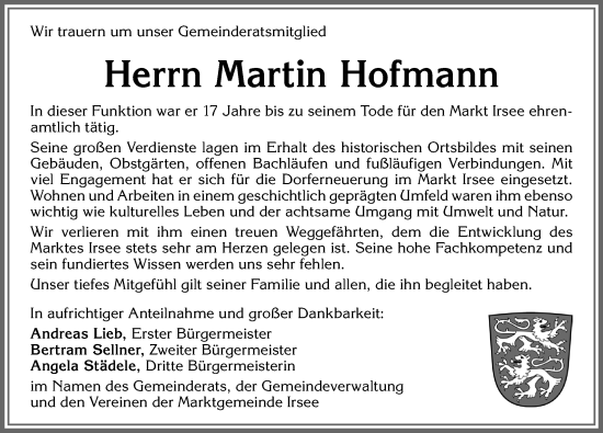 Traueranzeige von Martin Hofmann von Allgäuer Zeitung, Kaufbeuren/Buchloe