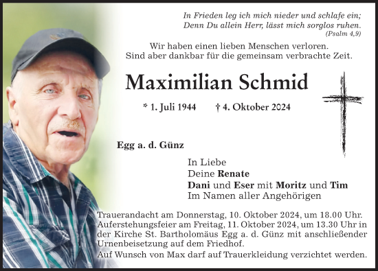 Traueranzeige von Maximilian Schmid von Memminger Zeitung