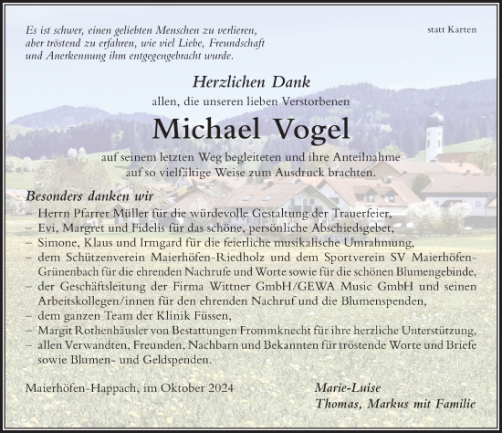Traueranzeige von Michael Vogel von Der Westallgäuer