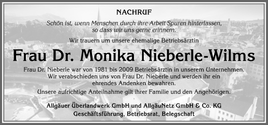 Traueranzeige von Monika Nieberle-Wilms von Allgäuer Zeitung,Kempten