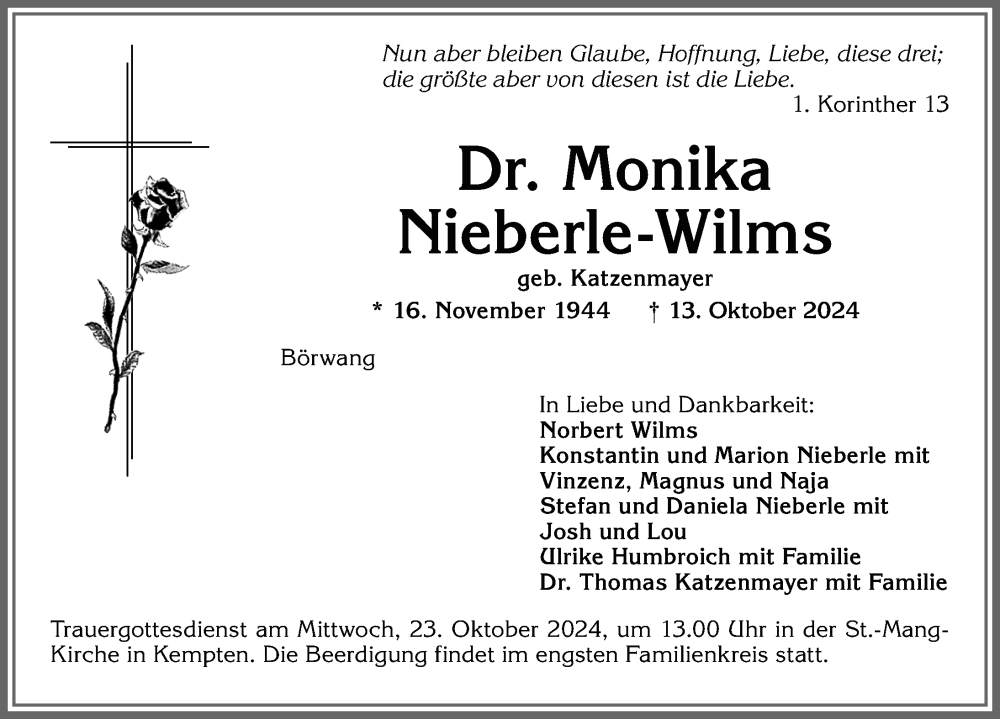  Traueranzeige für Monika Nieberle-Wilms vom 19.10.2024 aus Allgäuer Zeitung,Kempten