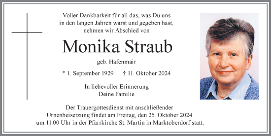 Traueranzeige von Monika Straub von Allgäuer Zeitung, Marktoberdorf