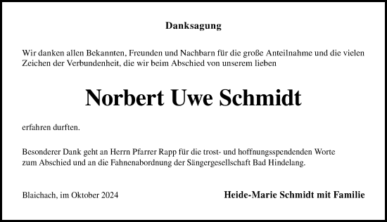 Traueranzeige von Norbert Uwe Schmidt von Allgäuer Anzeigeblatt