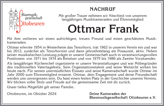 Traueranzeige von Ottmar Frank von Memminger Zeitung