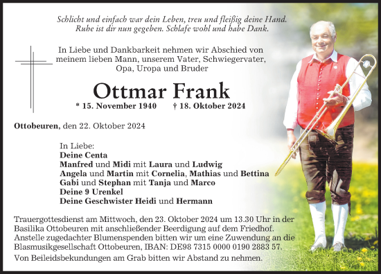 Traueranzeige von Ottmar Frank von Memminger Zeitung