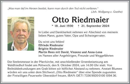 Traueranzeige von Otto Riedmaier von Allgäuer Anzeigeblatt