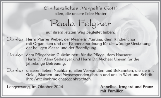Traueranzeige von Paula Felgner von Allgäuer Zeitung, Marktoberdorf