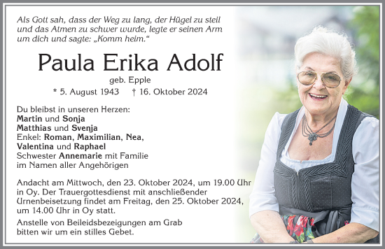 Traueranzeige von Paula Erika Adolf von Allgäuer Zeitung,Kempten