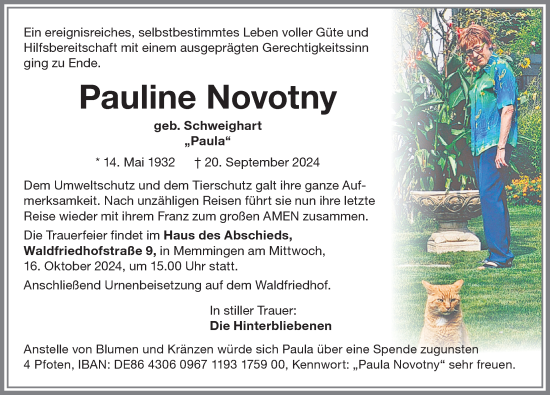 Traueranzeige von Pauline Novotny von Memminger Zeitung