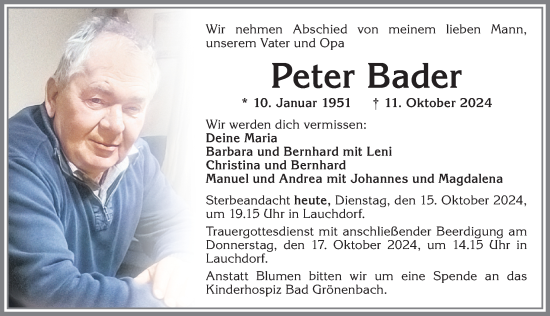 Traueranzeige von Peter Bader von Allgäuer Zeitung, Kaufbeuren/Buchloe