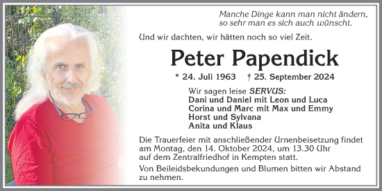 Traueranzeige von Peter Papendick von Allgäuer Zeitung,Kempten