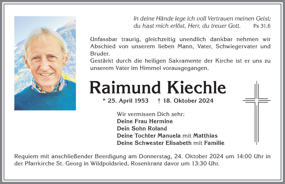  Traueranzeige für Raimund Kiechle vom 22.10.2024 aus Allgäuer Zeitung,Kempten