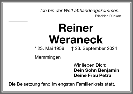 Traueranzeige von Reiner Weraneck von Memminger Zeitung