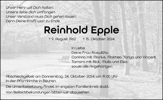 Traueranzeige von Reinhold Epple von Der Westallgäuer