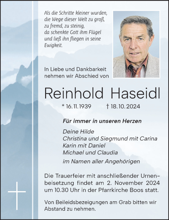 Traueranzeige von Reinhold Haseidl von Augsburger Allgemeine, Illertisser Zeitung, Mittelschwäbische Nachrichten