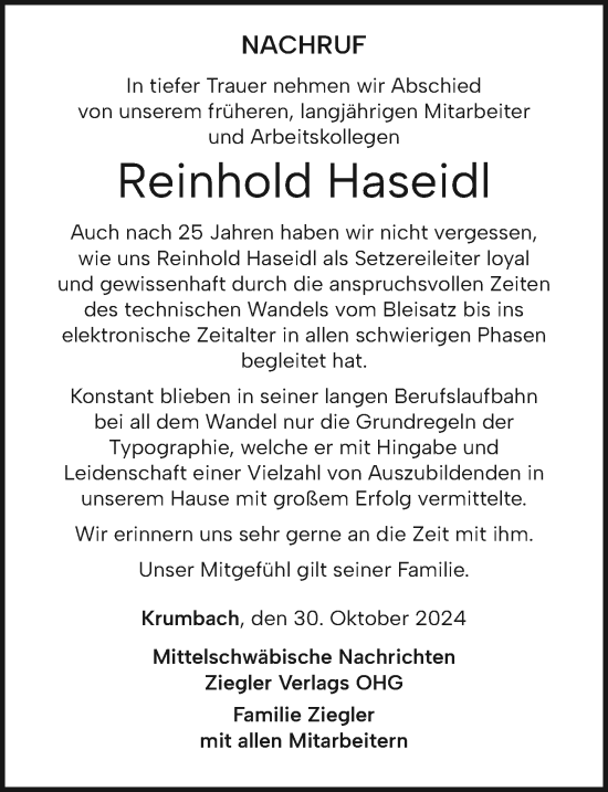 Traueranzeige von Reinhold Haseidl von Augsburger Allgemeine, Mittelschwäbische Nachrichten