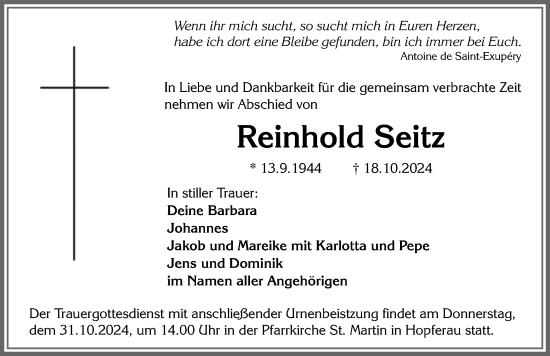 Traueranzeige von Reinhold Seitz von Allgäuer Zeitung, Füssen