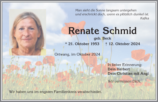 Traueranzeige von Renate Schmid von Allgäuer Anzeigeblatt