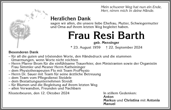 Traueranzeige von Resi Barth von Memminger Zeitung