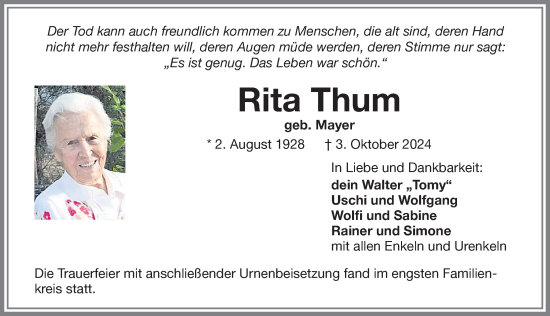Traueranzeige von Rita Thum von Allgäuer Zeitung,Kempten