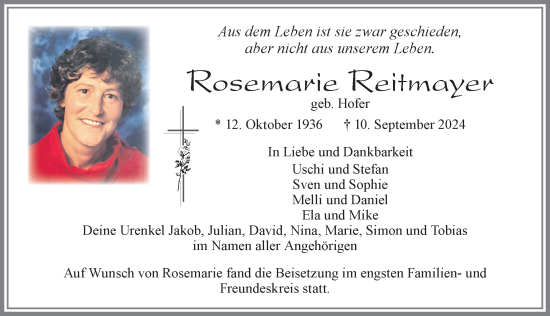 Traueranzeige von Rosemarie Reitmayer von Allgäuer Zeitung, Füssen